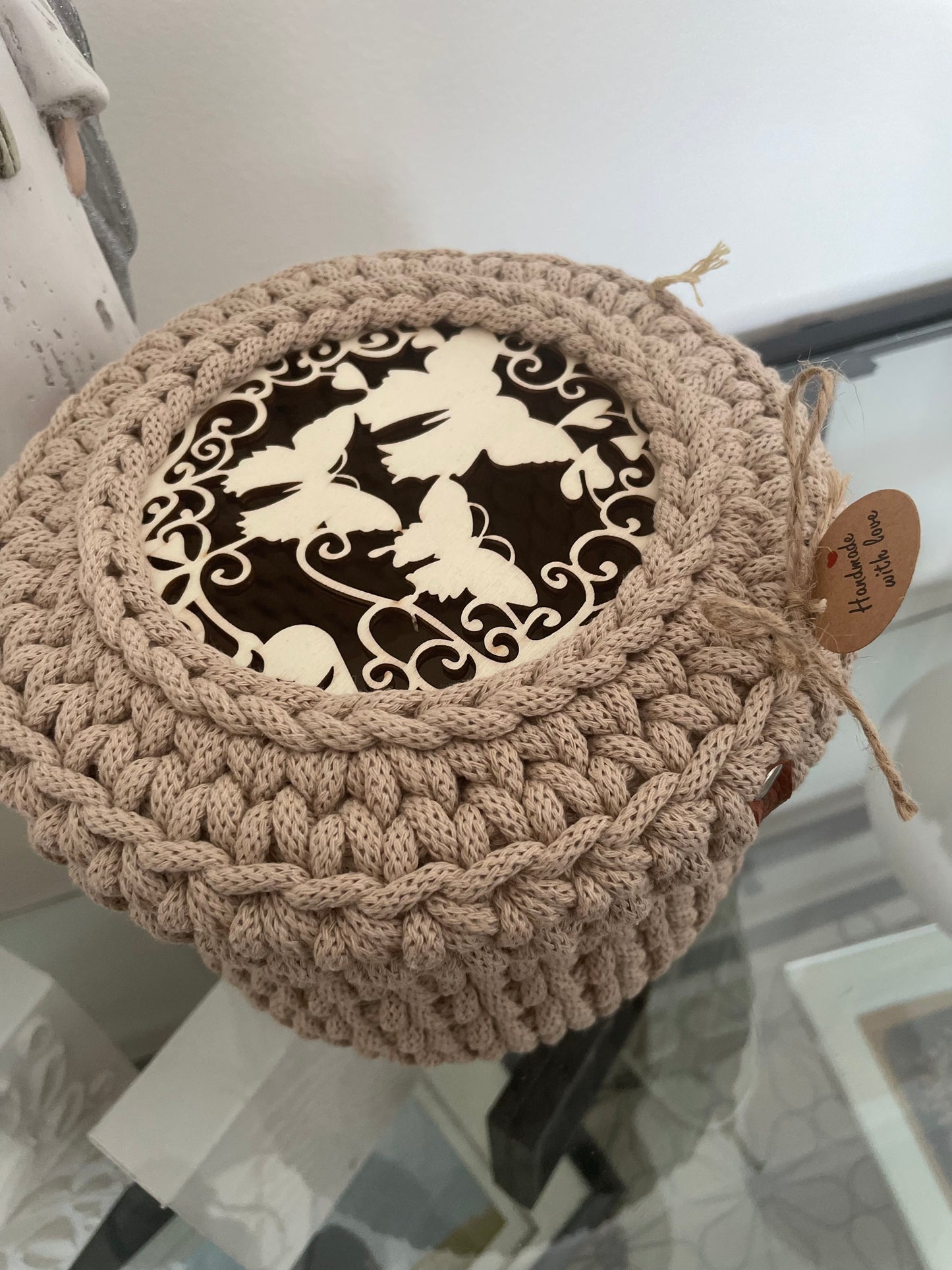 Handmade Crochet Storage Basket with Wooden Lid – 14 cm