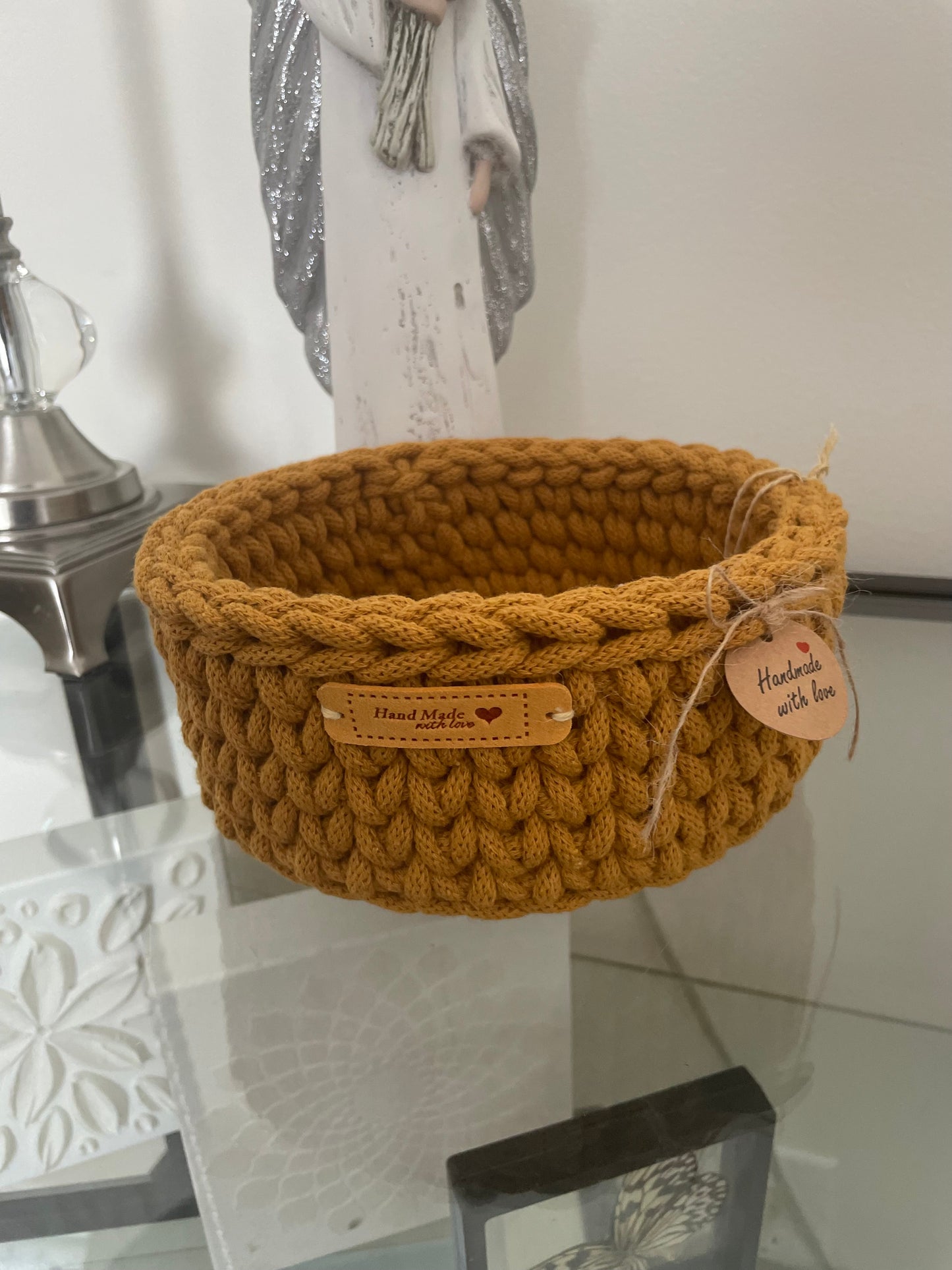 Handmade Crochet Basket – Mustard Yellow (18 cm)