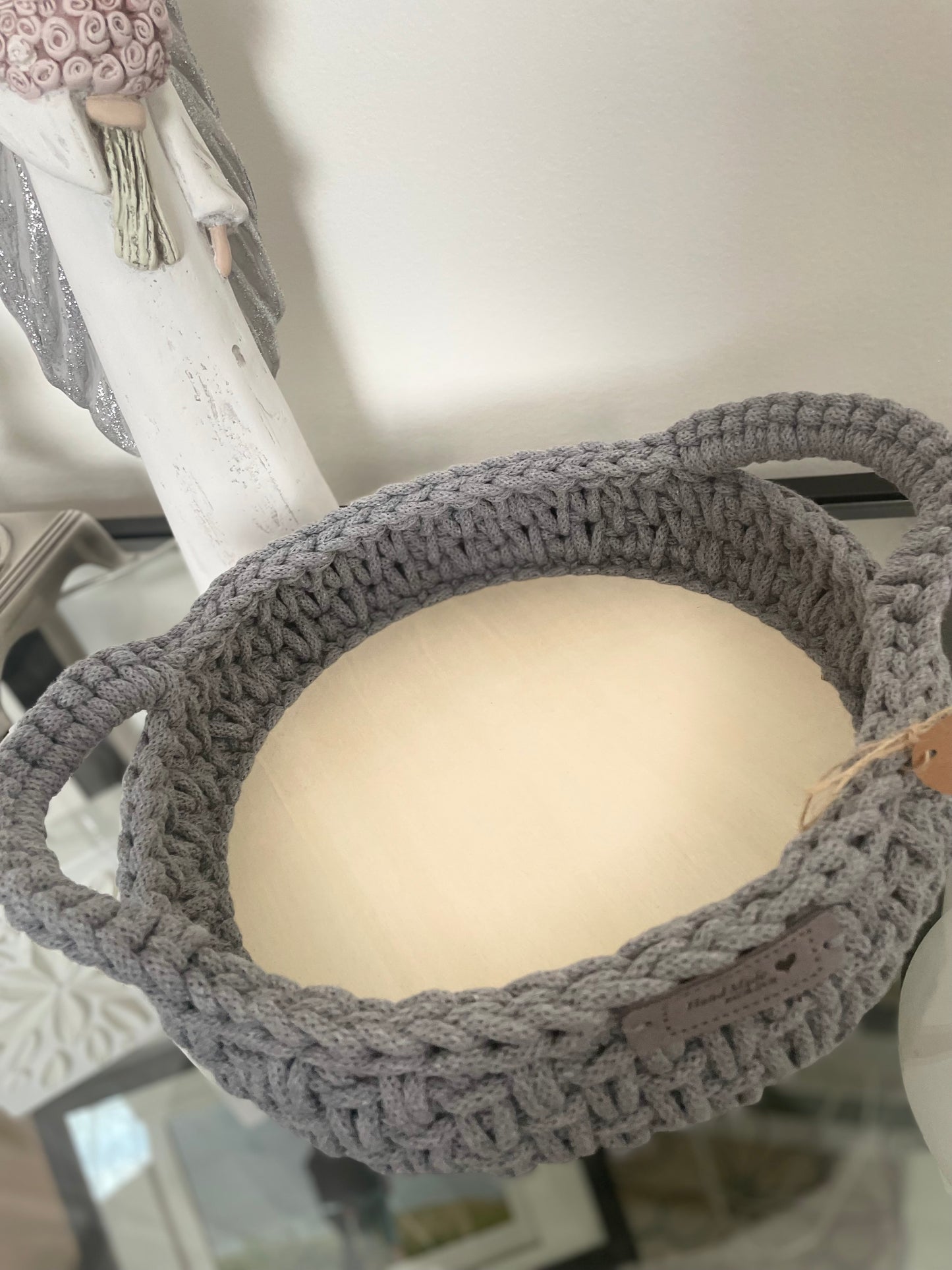 Handmade Cotton Rope Basket with Handles – Wooden Base (24.5 cm)