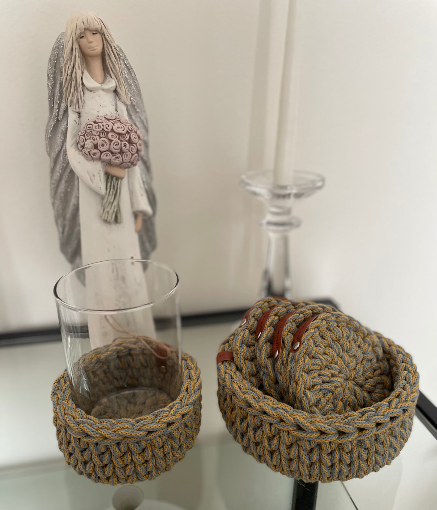 Mustard & Blue Crochet Basket – 11 cm