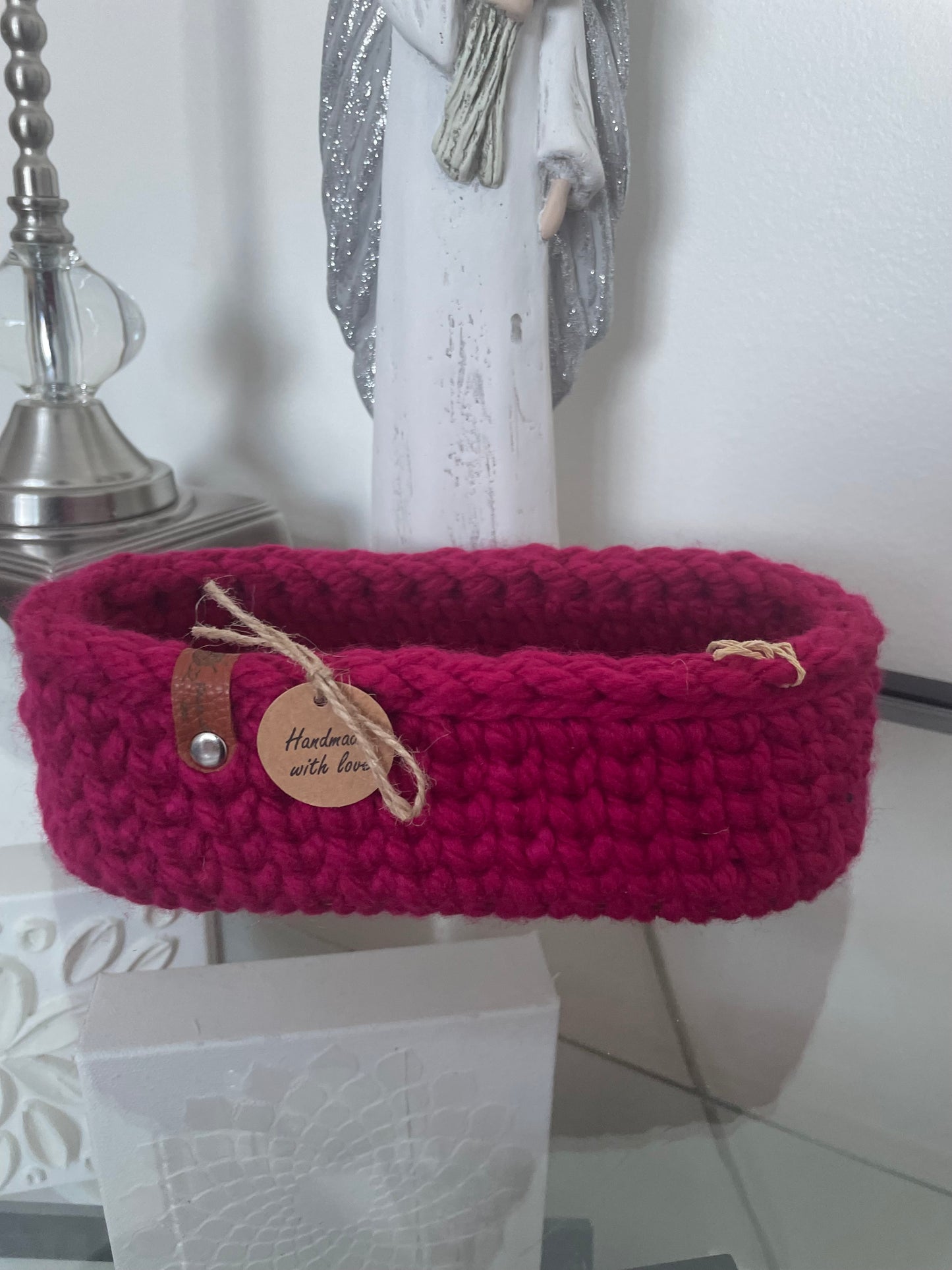 Handmade Wool Basket with Wooden Base – Rectangular Deep Red (21.5 × 10 × 7.6 cm)