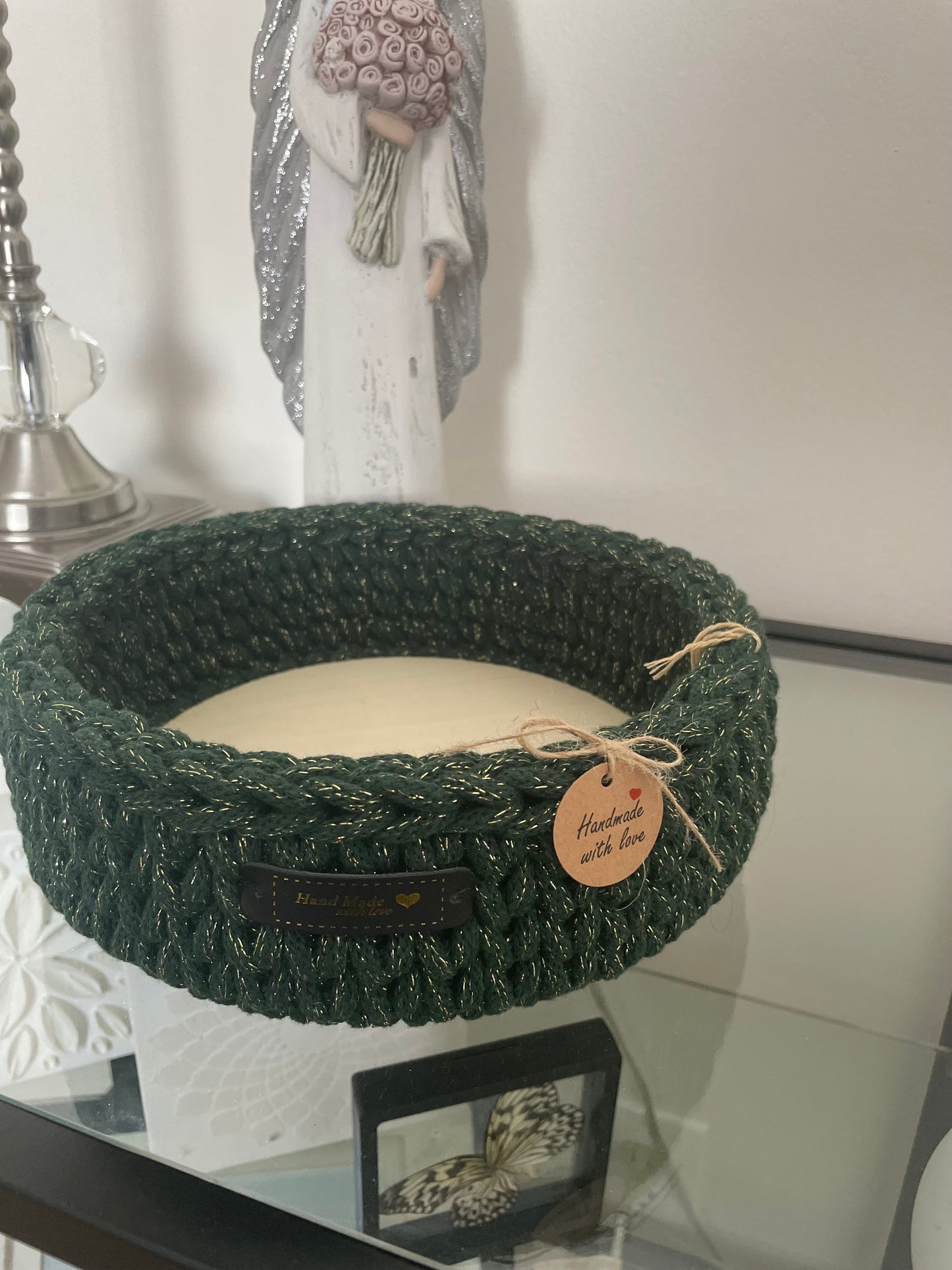 Handmade Crochet Basket – Forest Green with Gold Thread (22 cm)