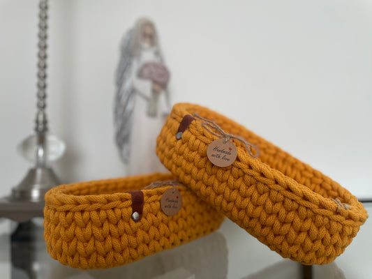 Handmade Yellow Crochet Basket – 24 cm (Wooden Base)