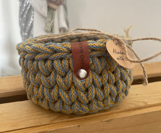 Mustard & Blue Crochet Basket – 11 cm