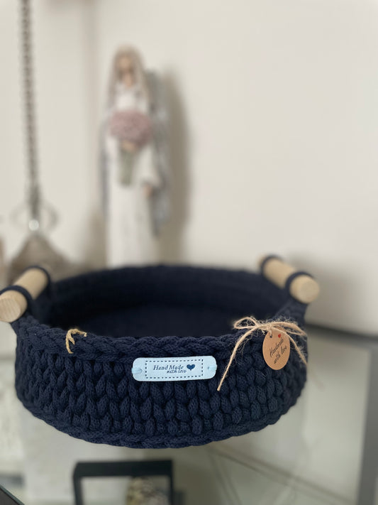 Handmade Crochet Basket with Wooden Handles – Navy Blue