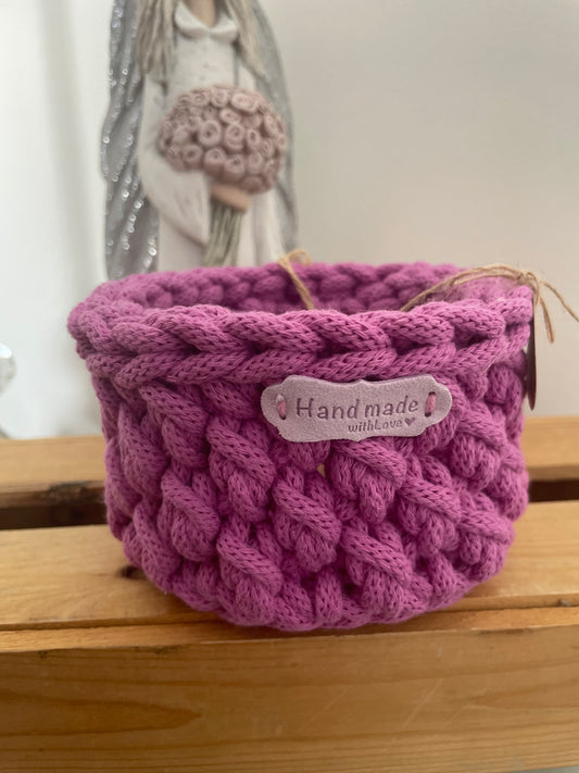 Handmade Crochet Basket – Pink/Fuchsia (11 × 7.5 cm)