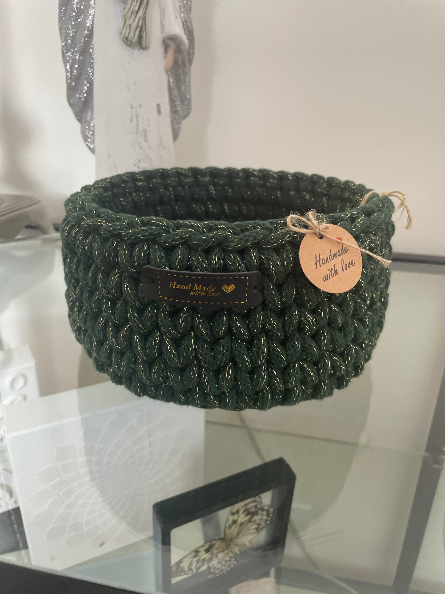 Handmade Crochet Basket – Forest Green with Gold Thread (17 cm)