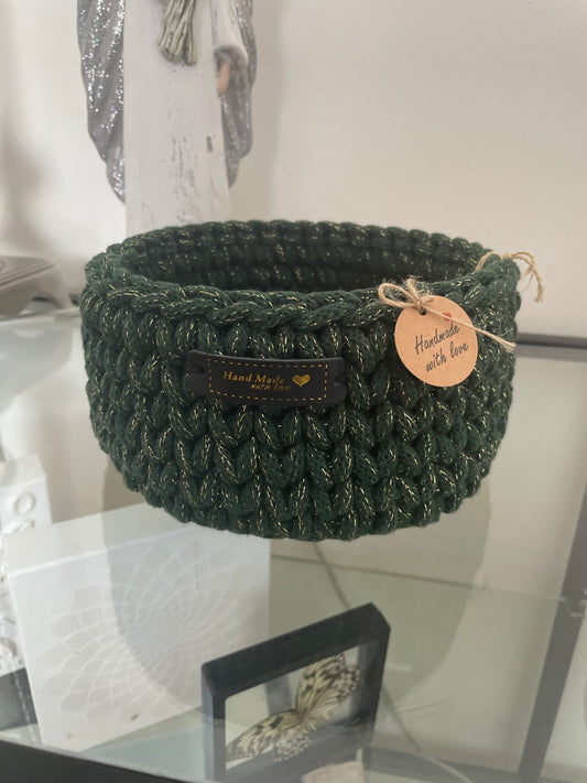 Handmade Crochet Basket – Forest Green with Gold Thread (17 cm)
