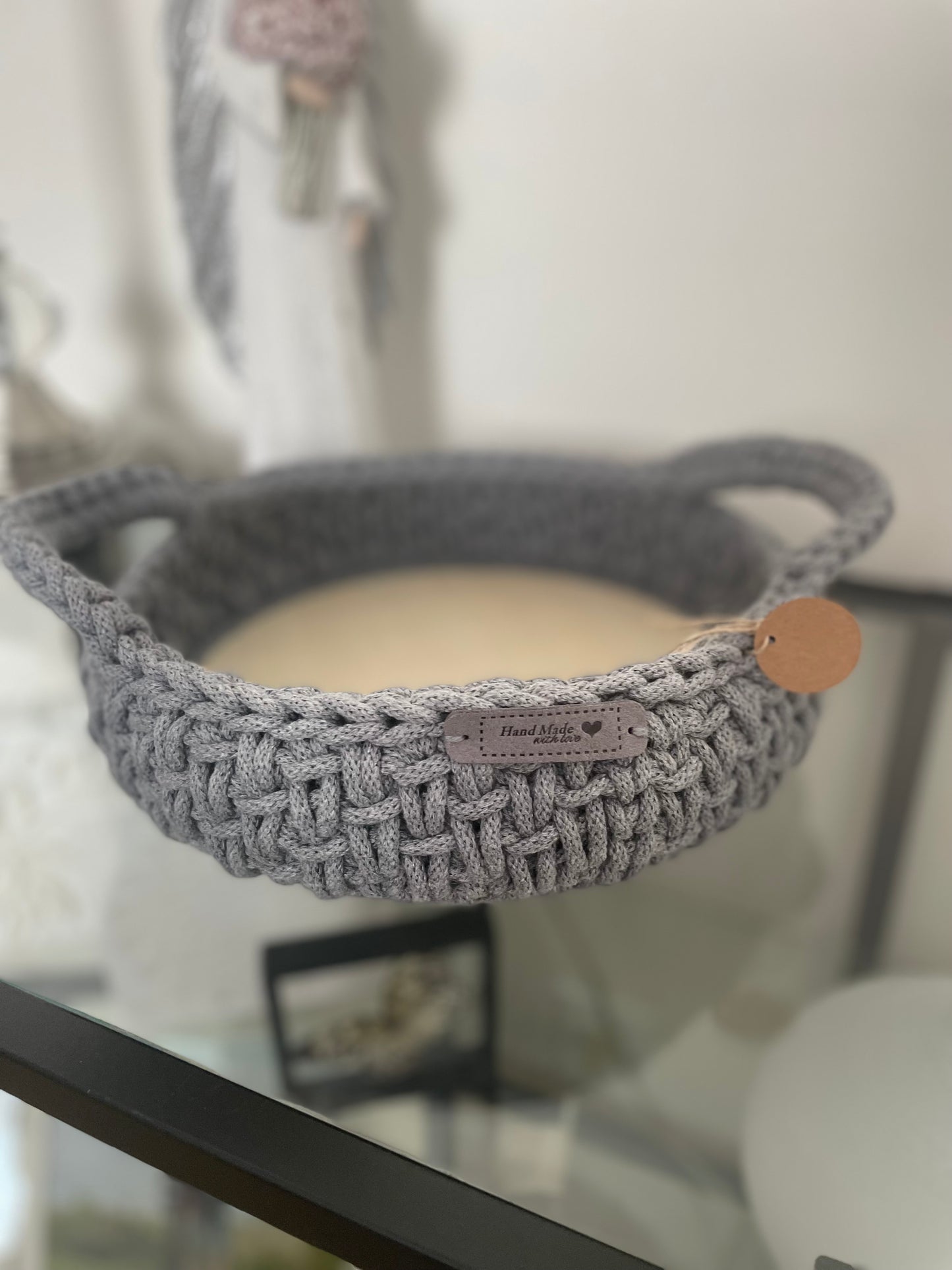 Handmade Cotton Rope Basket with Handles – Wooden Base (24.5 cm)